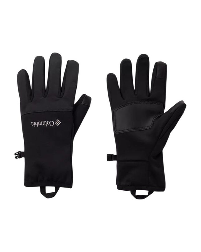 Black Columbia outdoor gloves designed for sports, camping, and hiking, with a close-up view of the textured fabric and stitching.