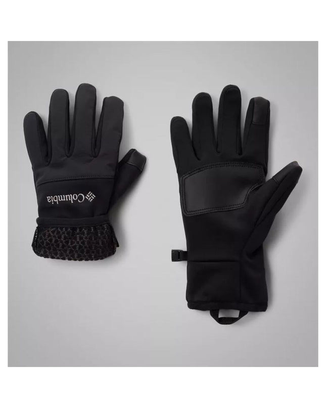 Black Columbia sport outdoor gloves designed for camping and hiking, with a close-up view of the textured fabric and secure wrist strap.