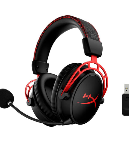 HyperX Cloud Alpha gaming headset with microphone, black and red design, connected to a gaming console for immersive audio.