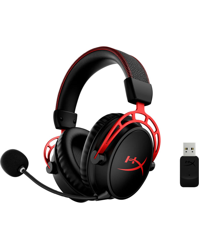 HyperX Cloud Alpha gaming headset with microphone, black and red design, connected to a gaming console for immersive audio.