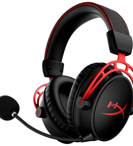 HyperX CLOUD ALPHA gaming headset with microphone, plugged into a console, showing over-ear design and flexible mic attachment.