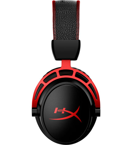 HyperX CLOUD ALPHA gaming headset with microphone, black and red design, connected to a gaming console for immersive sound.