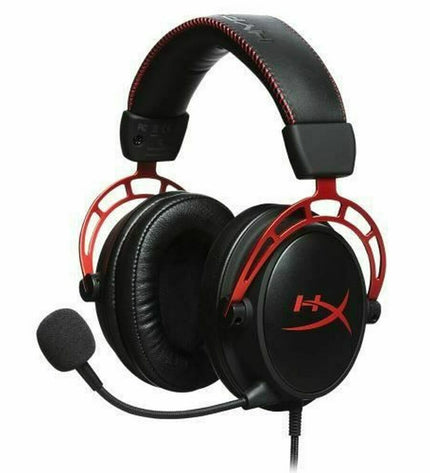 HyperX HX-HSCA-RD/EM gaming headset with microphone for plug-and-play consoles, black and red design, close-up view.