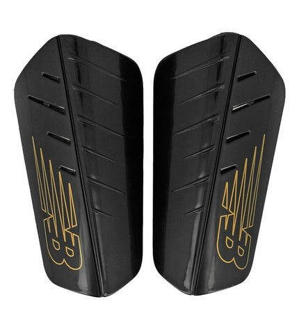 Black New Balance Nclasp Flex football shin guards with adjustable straps, designed for sport and outdoor soccer protection.