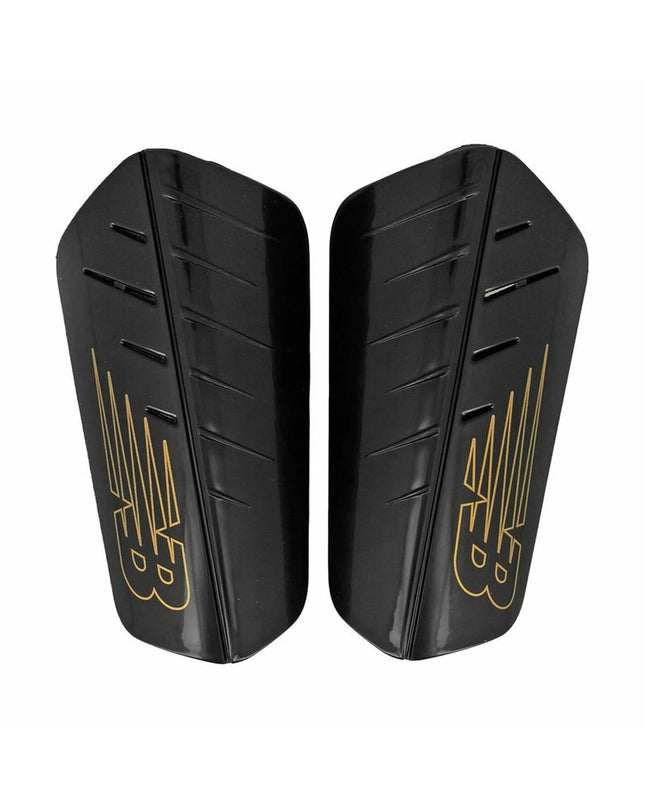 Black New Balance Nclasp Flex football shin guards with adjustable straps, designed for sport and outdoor soccer protection.
