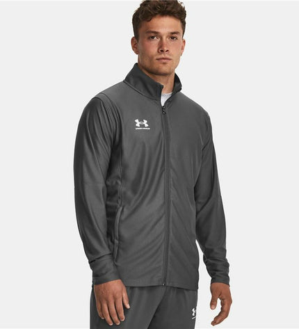 Under Armour men's gray sports jacket for outdoor activities and soccer, lightweight athletic windbreaker with logo detail.