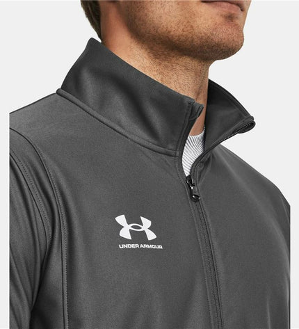 Under Armour Challenger men's sport jacket in gray, designed for outdoor and football activities, with a lightweight athletic fit.