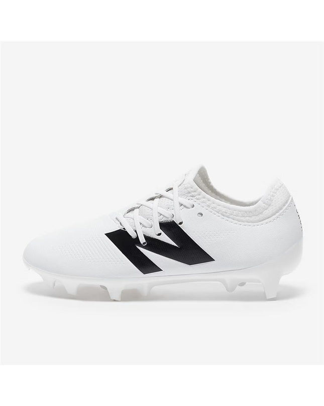 White New Balance Furon Dispatch FG V7+ football cleats for kids, sport and outdoor soccer shoes with studded sole.