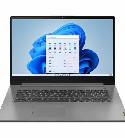 Lenovo Ideapad 3 17IAU7 laptop with 17.3-inch display, 12GB RAM, and 512GB SSD, shown from a front angle.