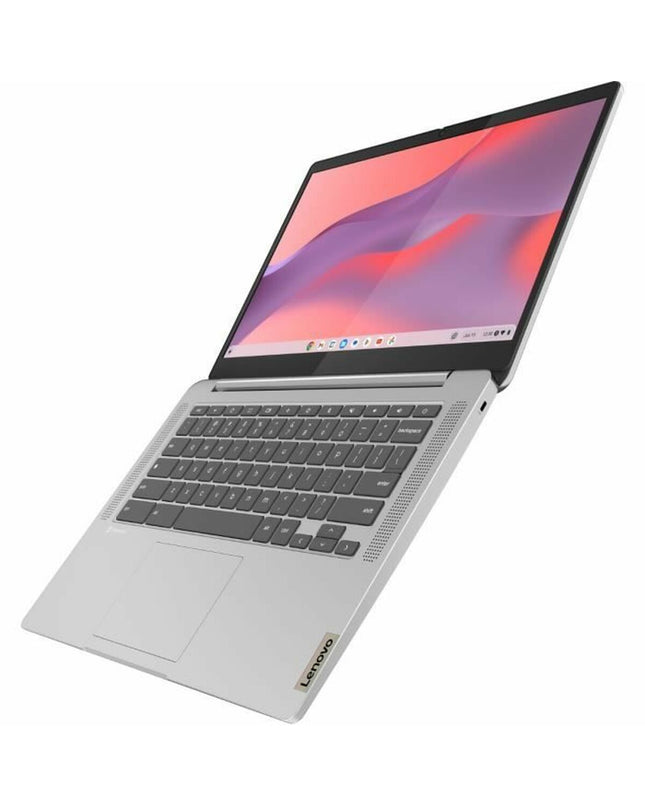 Lenovo IdeaPad Slim 3 14-inch laptop with Kompanio 520 processor, 4 GB RAM, and 64 GB storage, shown from a side angle.