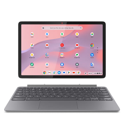 Lenovo Chromebook Duet 10.95-inch laptop with keyboard, showing screen and sleek design, 8GB RAM, 128GB SSD, QWERTY layout in Spanish