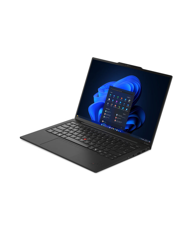 Lenovo 14-inch laptop with Intel Core Ultra 7, 32GB RAM, 1TB SSD, QWERTY Spanish keyboard, sleek design, open screen showing keyboard
