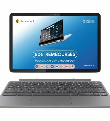 Lenovo 10.95-inch laptop with Kompanio 838 processor, 8 GB RAM, and 128 GB SSD shown with keyboard and screen.