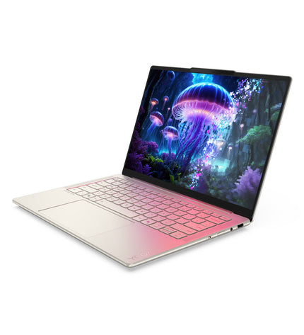 Lenovo Yoga Slim 7 14" laptop with Intel Core Ultra 7, 32GB RAM, 1TB SSD, QWERTY Spanish keyboard, sleek design.