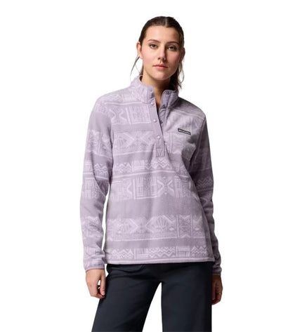 Columbia Benton Springs fleece vest with soft violet fleece lining, ideal for outdoor camping and hiking activities.