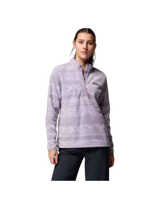Columbia Benton Springs fleece vest with soft violet fleece lining, ideal for outdoor camping and hiking activities.