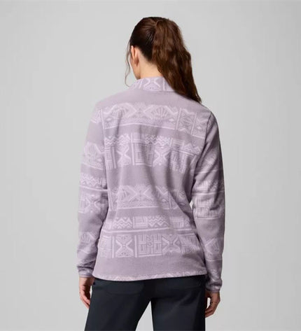 Columbia Benton Springs fleece lining in soft violet, suitable for outdoor and camping activities, shown on a woman.