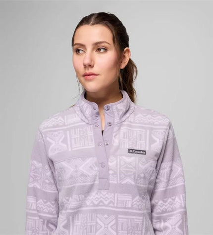 Columbia Benton Springs fleece vest with soft violet fleece lining, ideal for outdoor camping and hiking activities.