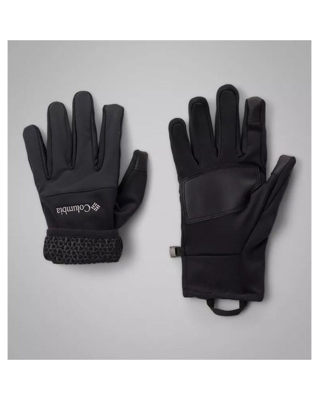 Black Columbia outdoor gloves designed for camping and hiking, showing a close-up of the insulated, durable fabric and secure fit.