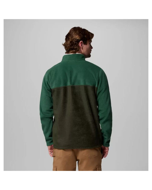 Columbia men's fleece-lined mountain half snap jacket in olive, ideal for outdoor camping and hiking activities.