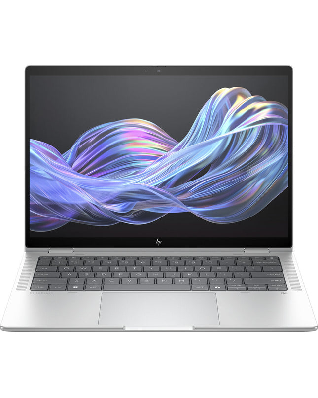 HP B69A2ET 14-inch laptop with Intel Core Ultra 5 processor, 16GB RAM, and 512GB SSD visible on the screen and keyboard.