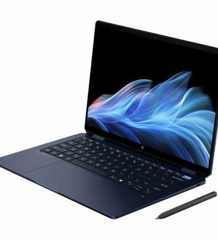 HP OmniBook X Flip 14 laptop with 14-inch display, Intel Core Ultra 7, 32GB RAM, and 1TB SSD, open showing keyboard and screen