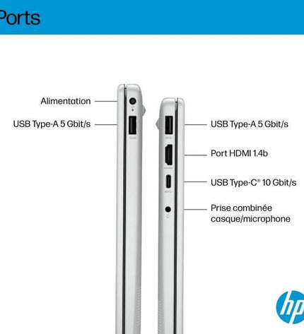 HP Omnibook 3 14-ha0015nf laptop with 14-inch display, Ryzen 5 processor, 16GB RAM, and 512GB SSD, open showing keyboard and screen.