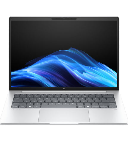 HP laptop with 14-inch display, Intel Core Ultra 7, 32GB RAM, and 1TB SSD, shown with its sleek design and ports.