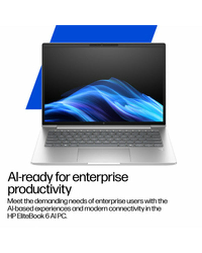 HP AD3A1ET#ABE 14-inch laptop with Intel Core Ultra 7, 16GB RAM, and 512GB SSD, showing the keyboard and screen.