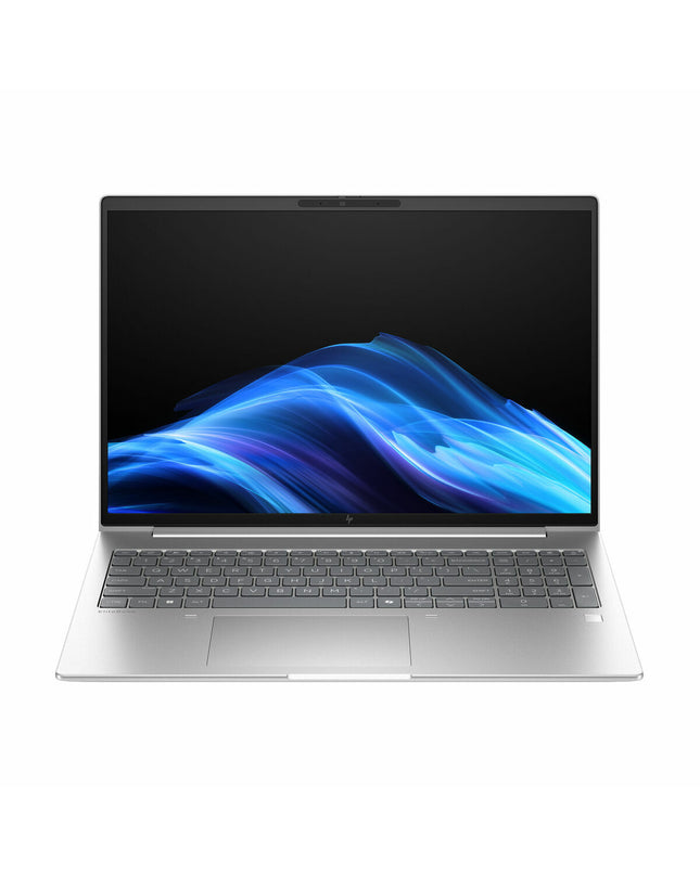 HP 16-inch laptop with Intel Core Ultra 5 processor, 16GB RAM and 512GB SSD, shown from a front angle with keyboard and screen visible.