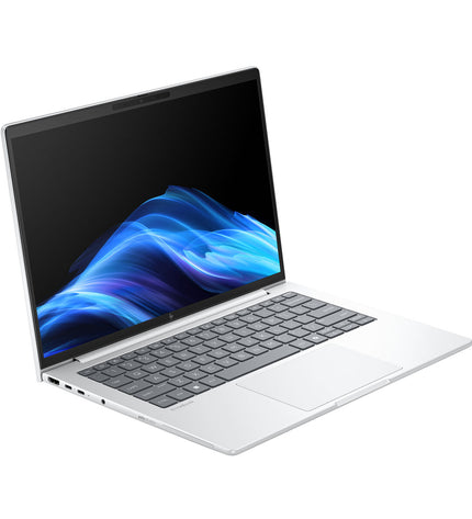 HP AD2Z0ET#ABE 14-inch laptop with Intel Core Ultra 5, 16GB RAM, and 512GB SSD, shown from an angled view.