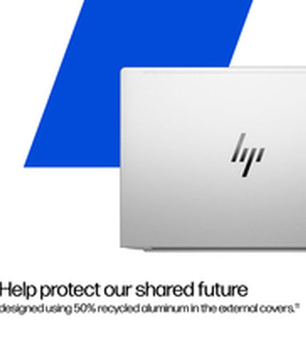 HP 14-inch laptop with Intel Core Ultra 5 and 7, 16GB RAM, 512GB SSD, sleek design, open with keyboard visible.