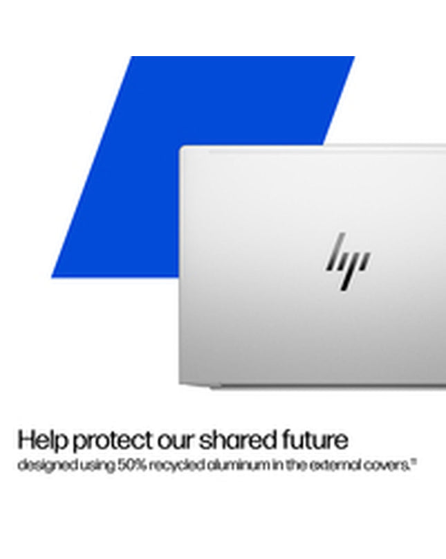 HP 14-inch laptop with Intel Core Ultra 5 and 7, 16GB RAM, 512GB SSD, sleek design, open with keyboard visible.