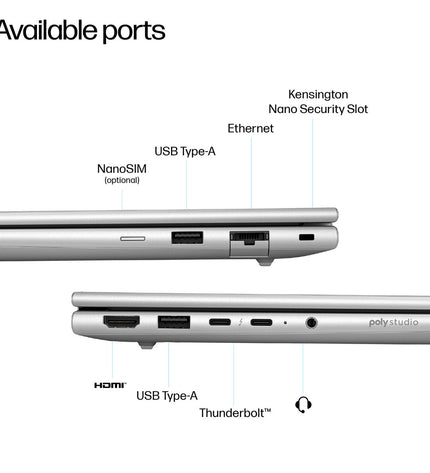 HP 14-inch laptop with Intel Core Ultra 5 or 7, 16GB RAM, and 512GB SSD, showing the sleek silver design and keyboard.