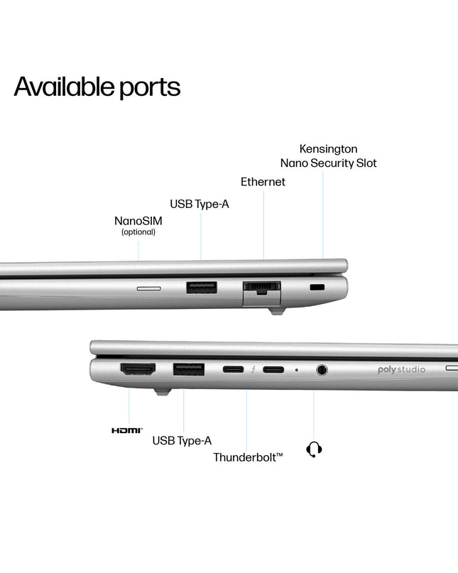 HP 14-inch laptop with Intel Core Ultra 5 or 7, 16GB RAM, and 512GB SSD, showing the sleek silver design and keyboard.