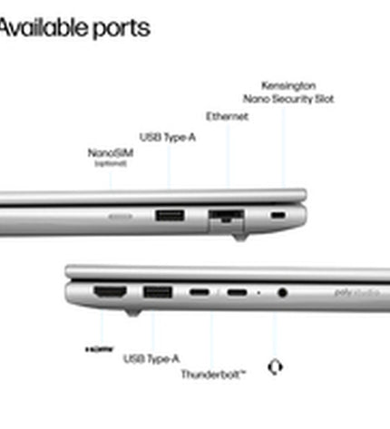 HP 14-inch laptop with Intel Core Ultra 5 or 7, 16GB RAM, 512GB SSD, shown open with keyboard and screen visible.
