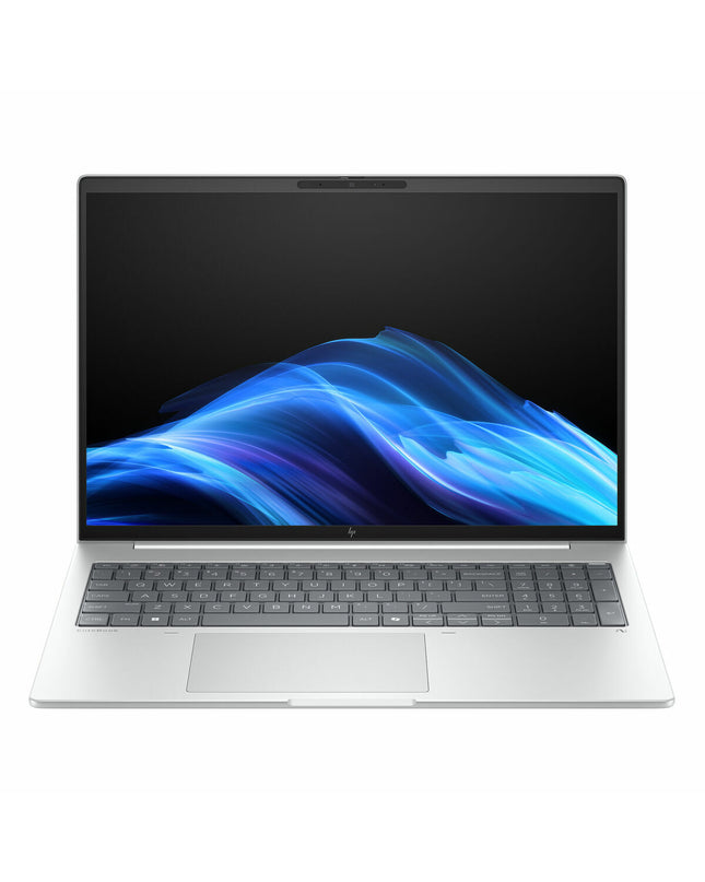 HP 16-inch laptop with Intel Core Ultra 7, 32GB RAM, and 1TB SSD, showing the open laptop with keyboard and screen.