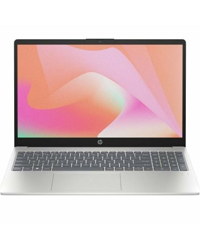 HP 15-inch laptop with 8GB RAM, 512GB SSD, Intel i5-1334U processor, QWERTY Spanish keyboard, showcasing the device's screen and keyboard.