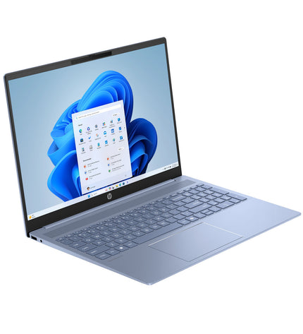 HP OmniBook 5 16-inch laptop with Intel Core Ultra 7 255U processor and 32GB RAM, shown open with keyboard and screen visible.