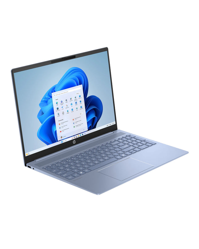 HP OmniBook 5 16-inch laptop with Intel Core Ultra 7 255U processor and 32GB RAM, shown open with keyboard and screen visible.