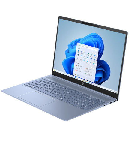 HP OmniBook 5 16-inch laptop with Intel Core Ultra 7 255U processor and 32GB RAM, showing the sleek silver design.