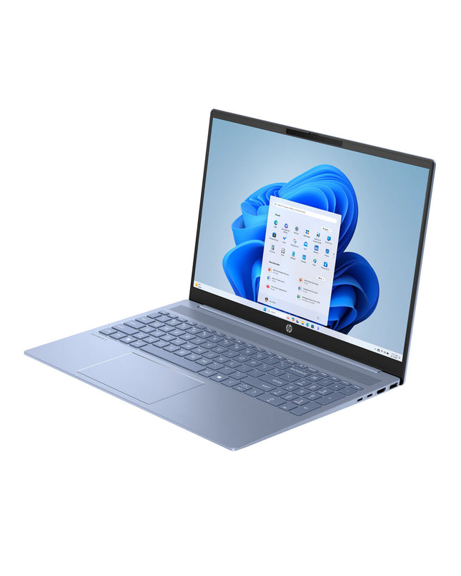 HP OmniBook 5 16-inch laptop with Intel Core Ultra 7 255U processor and 32GB RAM, showing the sleek silver design.