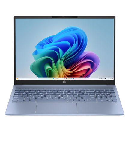 HP OmniBook 5 NGAI 16-ag1005ns laptop with sleek design, open view showing keyboard and screen for computing tasks.