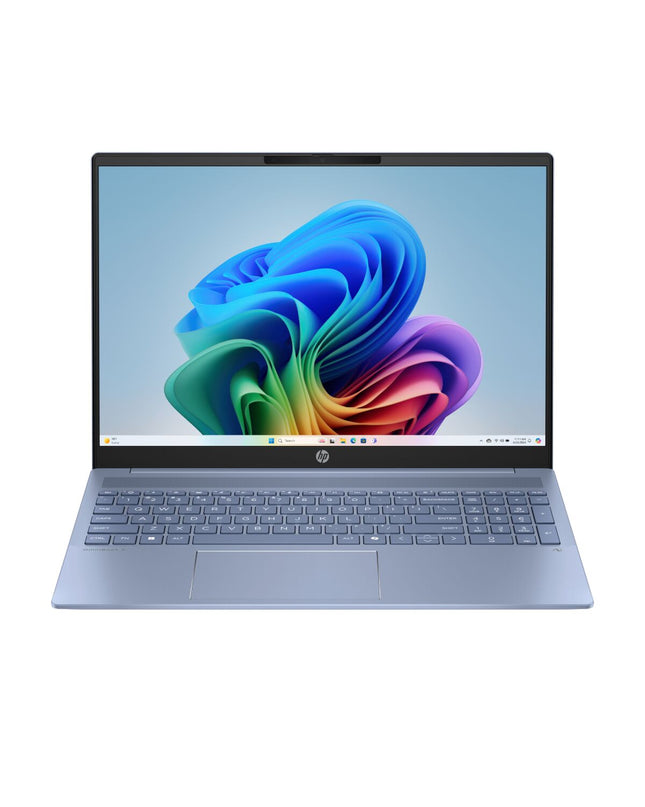 HP OmniBook 5 NGAI 16-ag1005ns laptop with sleek design, open view showing keyboard and screen for computing tasks.