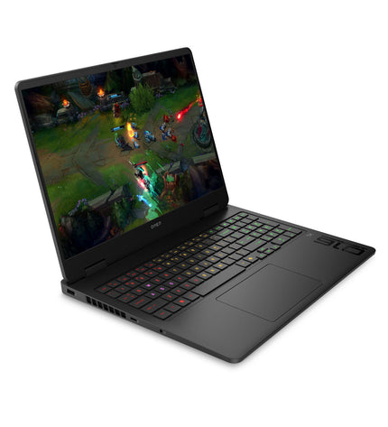 HP OMEN Gaming Laptop 16-inch with Intel Core Ultra 7, 32GB RAM, and GeForce RTX 5060 graphics, shown with sleek design.