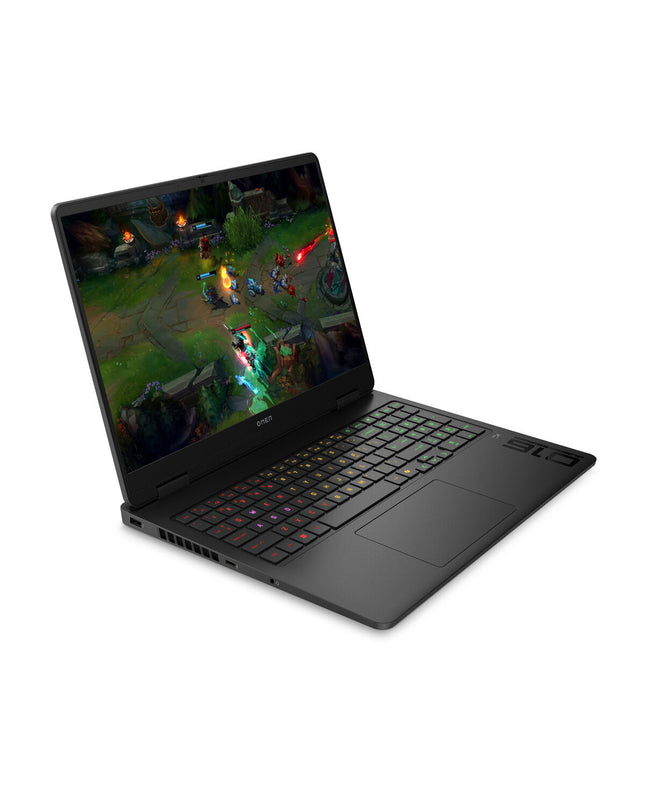 HP OMEN Gaming Laptop 16-inch with Intel Core Ultra 7, 32GB RAM, and GeForce RTX 5060 graphics, shown with sleek design.