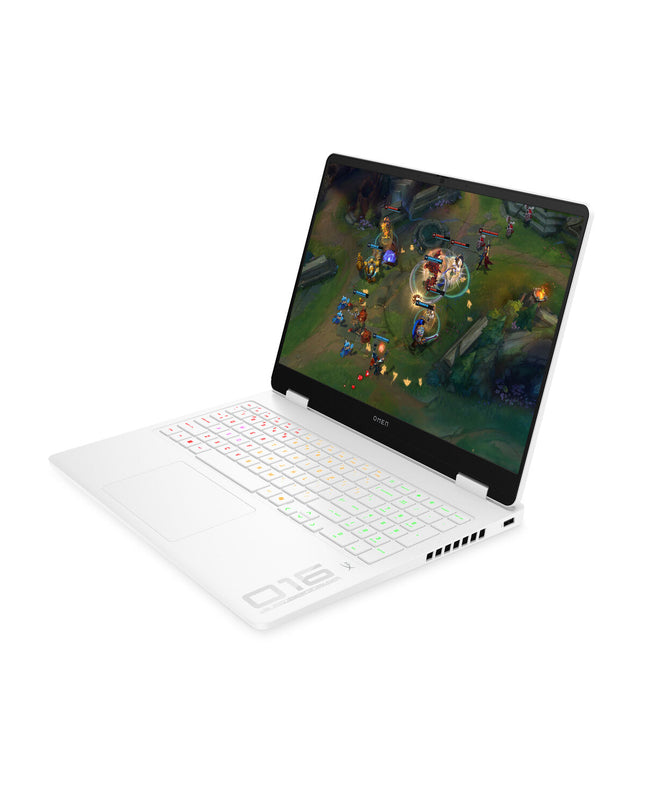 HP OMEN Gaming Laptop 16-inch with 32GB RAM and Intel Core i7 processor, shown open with keyboard and display visible.