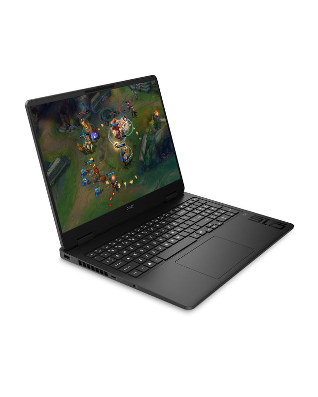 HP OMEN gaming laptop with 16-inch display, AMD Ryzen AI 9 processor, 32GB RAM, black design, and gaming keyboard.