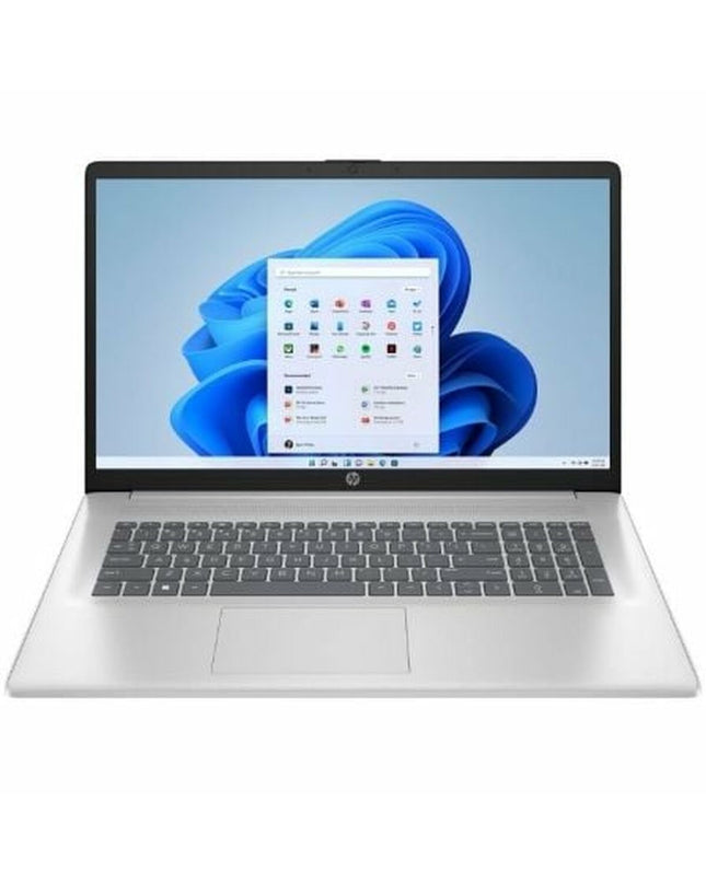 HP 17-inch laptop with 16GB RAM, 512GB SSD, i5 processor, Spanish QWERTY keyboard, shown with open screen and keyboard layout.