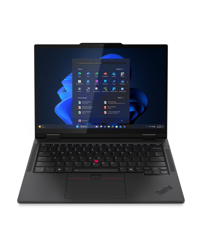 Lenovo ThinkPad T14s 2-in-1 laptop with 14-inch screen, 32GB RAM, 1TB SSD, Qwerty Spanish keyboard, open with keyboard visible.